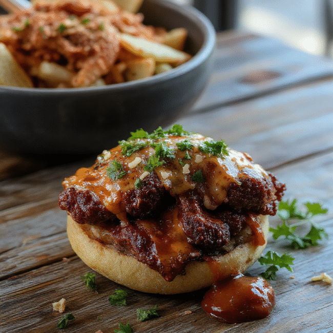 A vibrant bowl of melt-in-your-mouth birria, filled with tender beef chunks immersed in rich red broth, garnished with fresh cilantro and sliced onions on a rustic wooden table, inviting and flavorful.