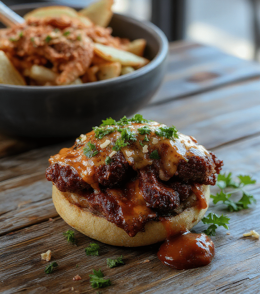 A vibrant bowl of melt-in-your-mouth birria, filled with tender beef chunks immersed in rich red broth, garnished with fresh cilantro and sliced onions on a rustic wooden table, inviting and flavorful.
