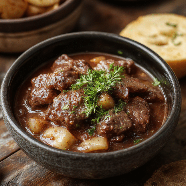 A rich, tender beef bourguignon served in a rustic white bowl, topped with fresh herbs. The dish features chunks of beef, carrots, and pearl onions in a glossy red wine sauce, with a sprinkle of thyme. The plating is casual yet appetizing, with a cozy rustic background and warm lighting highlighting the deep colors and textures of the dish.