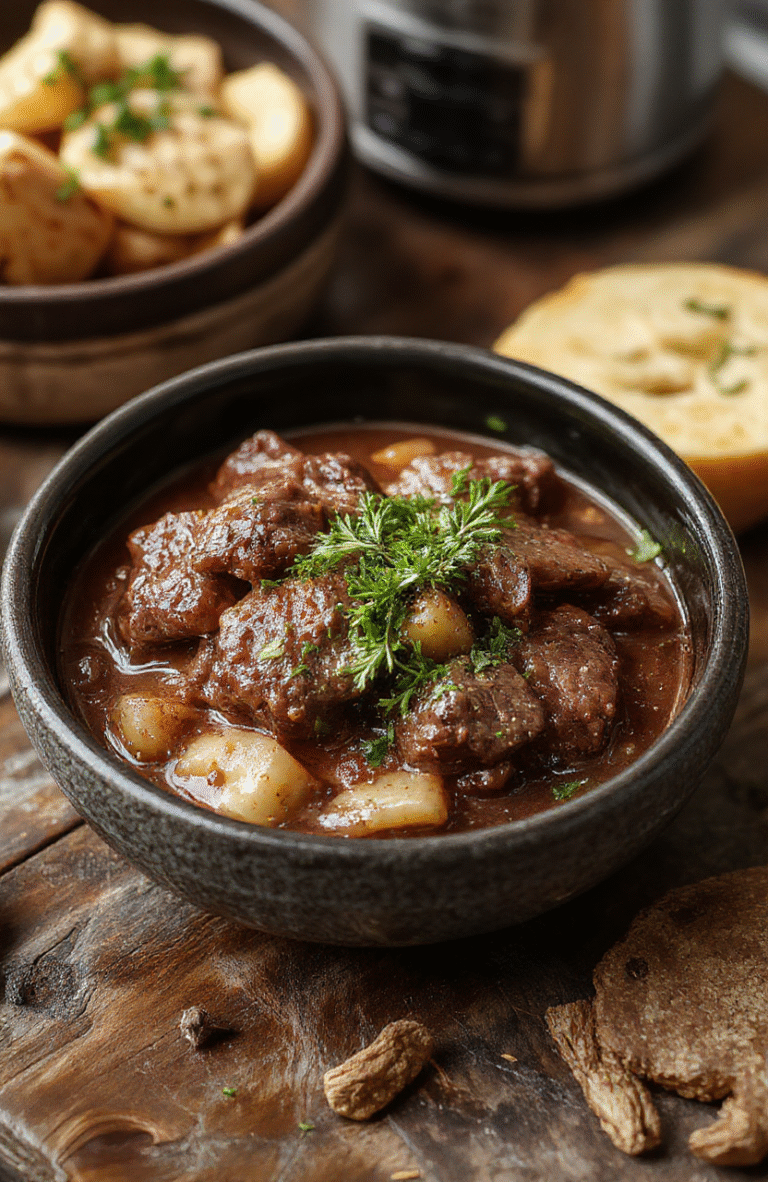 A rich, tender beef bourguignon served in a rustic white bowl, topped with fresh herbs. The dish features chunks of beef, carrots, and pearl onions in a glossy red wine sauce, with a sprinkle of thyme. The plating is casual yet appetizing, with a cozy rustic background and warm lighting highlighting the deep colors and textures of the dish.