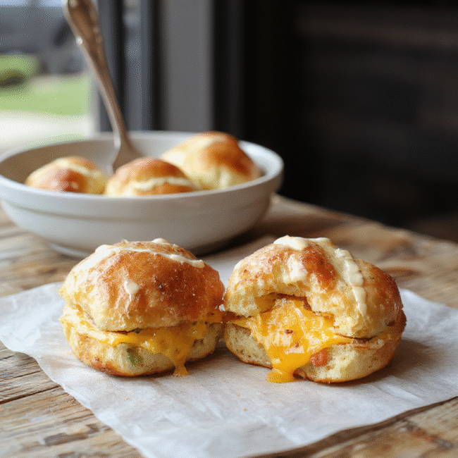 A close-up of golden-brown mini grilled cheese sandwiches made with soft Hawaiian rolls, melted cheese oozing out, stacked on a rustic wooden board, garnished with fresh herbs, with a vibrant background of colorful ingredients, showcasing a crispy and gooey texture.