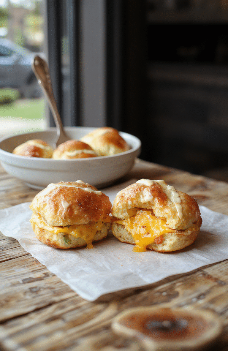 A close-up of golden-brown mini grilled cheese sandwiches made with soft Hawaiian rolls, melted cheese oozing out, stacked on a rustic wooden board, garnished with fresh herbs, with a vibrant background of colorful ingredients, showcasing a crispy and gooey texture.
