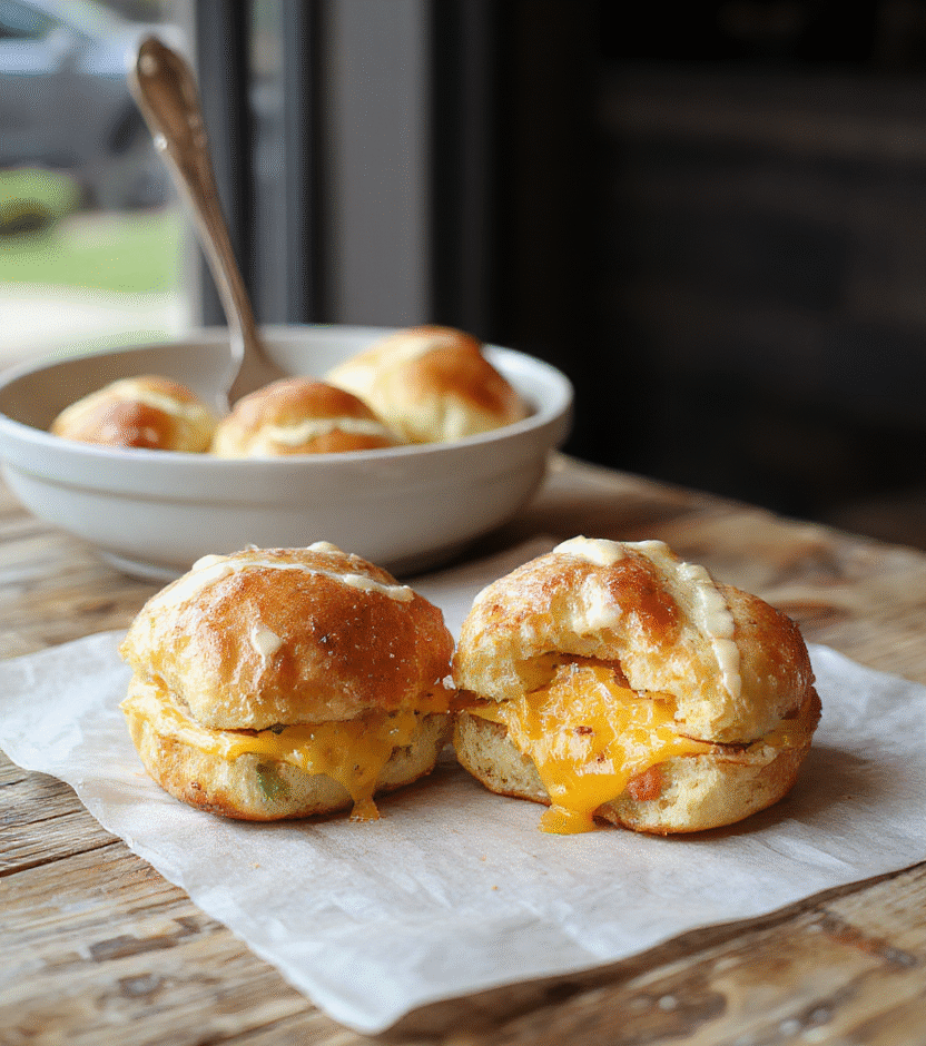 A close-up of golden-brown mini grilled cheese sandwiches made with soft Hawaiian rolls, melted cheese oozing out, stacked on a rustic wooden board, garnished with fresh herbs, with a vibrant background of colorful ingredients, showcasing a crispy and gooey texture.
