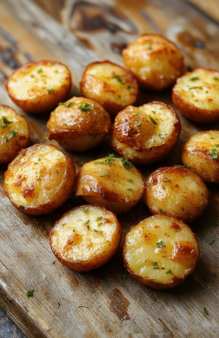 Golden crispy mini potato bites arranged on a rustic white plate, garnished with chopped fresh herbs, with a creamy dipping sauce beside. The bites have a flaky, crunchy exterior with a soft interior, vibrant golden color, and appealing texture, styled on a wooden surface with natural light highlighting their crispiness.