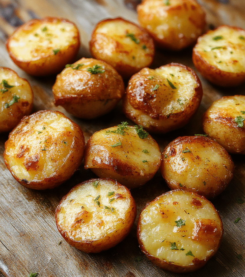 Golden crispy mini potato bites arranged on a rustic white plate, garnished with chopped fresh herbs, with a creamy dipping sauce beside. The bites have a flaky, crunchy exterior with a soft interior, vibrant golden color, and appealing texture, styled on a wooden surface with natural light highlighting their crispiness.