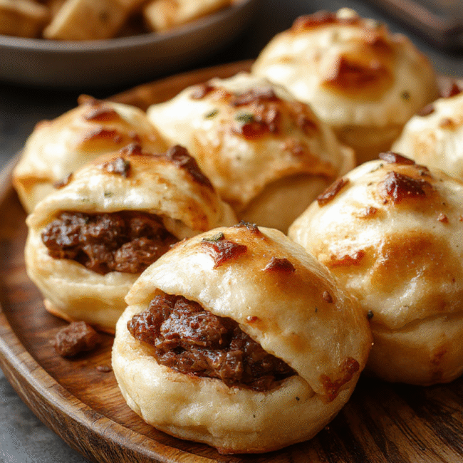 Golden-brown pastry puffs filled with tender pulled beef, arranged on a rustic wooden platter. The pastries have a flaky, crispy texture, with steam gently rising, highlighting the juicy beef filling inside. The setting features a vibrant football-themed background with green herbs and dipping sauces nearby, styled for a casual game day celebration.