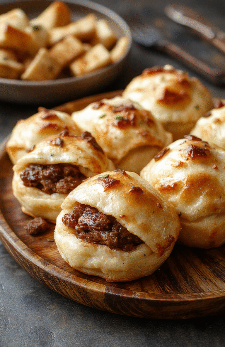 Golden-brown pastry puffs filled with tender pulled beef, arranged on a rustic wooden platter. The pastries have a flaky, crispy texture, with steam gently rising, highlighting the juicy beef filling inside. The setting features a vibrant football-themed background with green herbs and dipping sauces nearby, styled for a casual game day celebration.