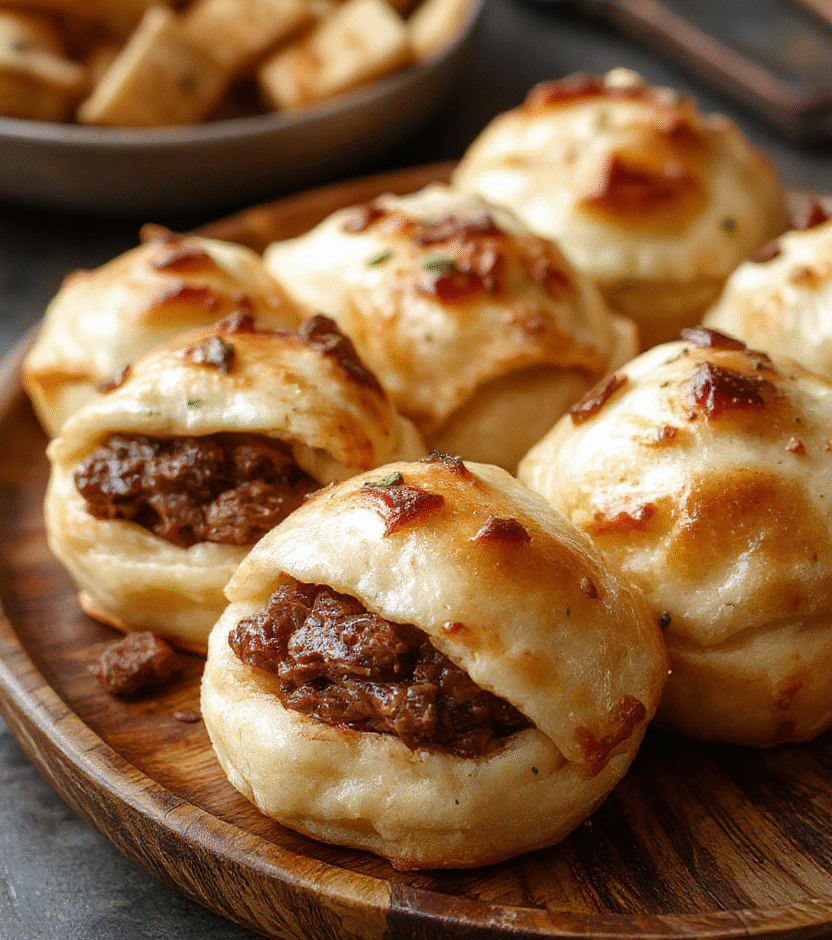 Golden-brown pastry puffs filled with tender pulled beef, arranged on a rustic wooden platter. The pastries have a flaky, crispy texture, with steam gently rising, highlighting the juicy beef filling inside. The setting features a vibrant football-themed background with green herbs and dipping sauces nearby, styled for a casual game day celebration.