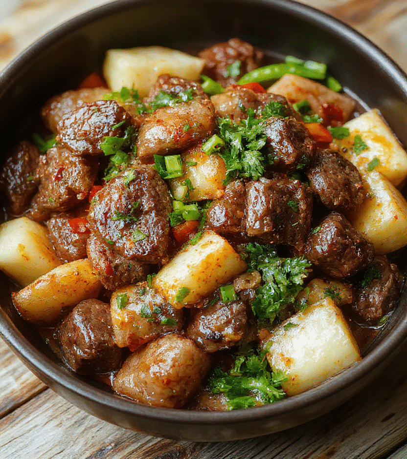 A vibrant beef stir fry dish featuring tender slices of beef coated in a glossy sauce, colorful bell peppers, broccoli, and carrots arranged on a white plate, garnished with sesame seeds, styled simply on a wooden table with natural lighting highlighting the textures and colors.