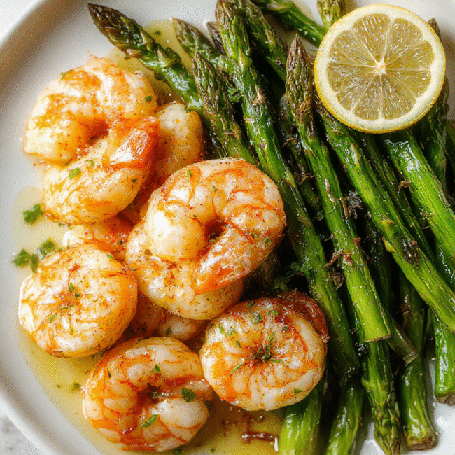 A vibrant plate featuring juicy lemon garlic shrimp, tender green asparagus spears, and a zesty lemon wedge, artfully arranged with a drizzle of olive oil and fresh herbs, captured in natural daylight highlighting the glossy textures and fresh colors, styled simply with a rustic background