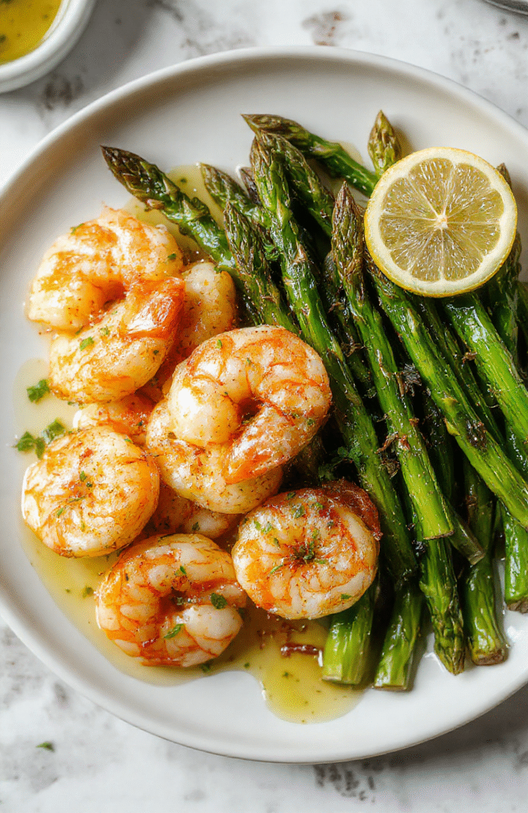 A vibrant plate featuring juicy lemon garlic shrimp, tender green asparagus spears, and a zesty lemon wedge, artfully arranged with a drizzle of olive oil and fresh herbs, captured in natural daylight highlighting the glossy textures and fresh colors, styled simply with a rustic background