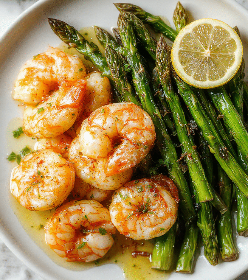 A vibrant plate featuring juicy lemon garlic shrimp, tender green asparagus spears, and a zesty lemon wedge, artfully arranged with a drizzle of olive oil and fresh herbs, captured in natural daylight highlighting the glossy textures and fresh colors, styled simply with a rustic background