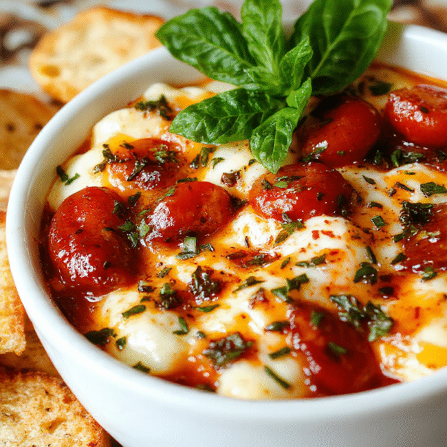 A vibrant, creamy Caprese dip presented in a shallow white bowl, topped with fresh basil leaves, cherry tomato halves, and melted mozzarella drips, surrounded by a rustic wooden surface and crispy bread sticks, with a colorful backdrop and natural light highlighting the textures and freshness.