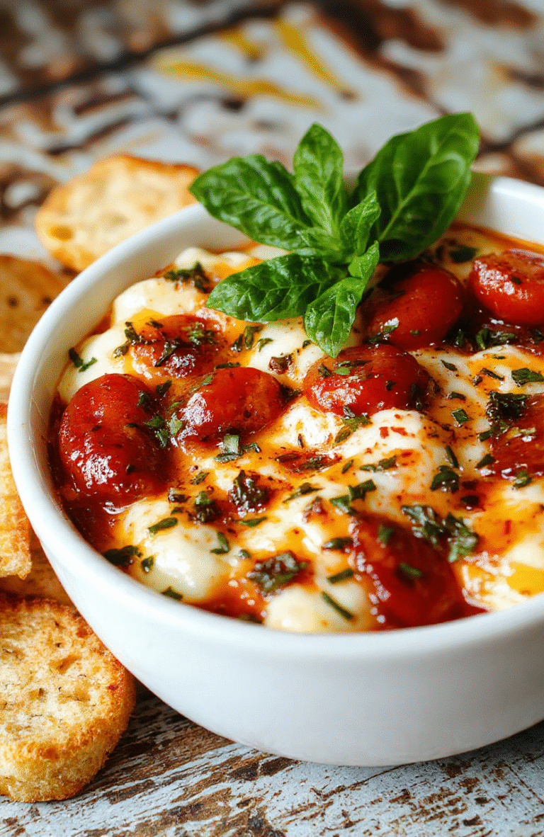A vibrant, creamy Caprese dip presented in a shallow white bowl, topped with fresh basil leaves, cherry tomato halves, and melted mozzarella drips, surrounded by a rustic wooden surface and crispy bread sticks, with a colorful backdrop and natural light highlighting the textures and freshness.