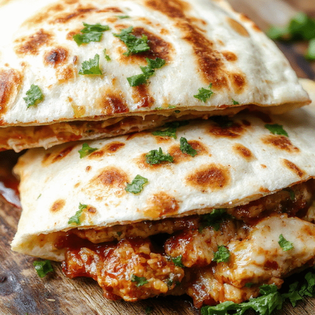 A vibrant plate featuring a golden-brown BBQ chicken quesadilla sliced to reveal melty cheese, tender shredded chicken with smoky BBQ sauce, and crispy edges. The quesadilla is garnished with fresh cilantro and served on a rustic wooden board with a side of salsa and sour cream, styled casually with natural lighting highlighting the textures and colors.
