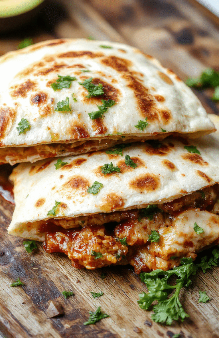 A vibrant plate featuring a golden-brown BBQ chicken quesadilla sliced to reveal melty cheese, tender shredded chicken with smoky BBQ sauce, and crispy edges. The quesadilla is garnished with fresh cilantro and served on a rustic wooden board with a side of salsa and sour cream, styled casually with natural lighting highlighting the textures and colors.