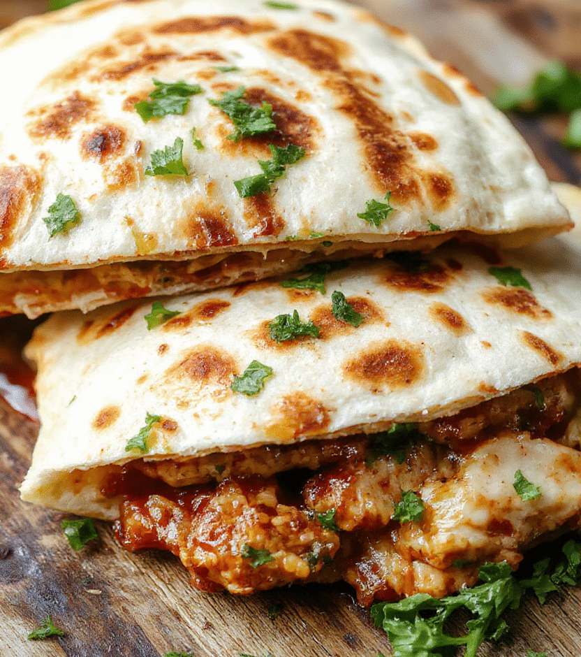 A vibrant plate featuring a golden-brown BBQ chicken quesadilla sliced to reveal melty cheese, tender shredded chicken with smoky BBQ sauce, and crispy edges. The quesadilla is garnished with fresh cilantro and served on a rustic wooden board with a side of salsa and sour cream, styled casually with natural lighting highlighting the textures and colors.