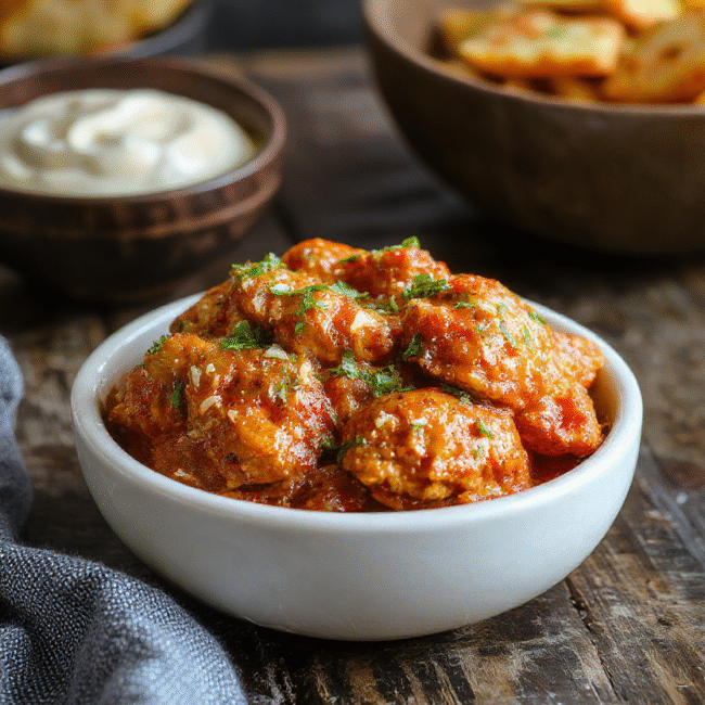 A vibrant plate of homemade butter chicken featuring tender chicken pieces coated in rich, creamy tomato sauce, garnished with fresh cilantro and served alongside fluffy basmati rice. The dish has a glossy, spicy surface with a smooth texture, perfectly styled on a rustic white plate placed on a wooden table with natural daylight highlighting the warm tones and vibrant colors.