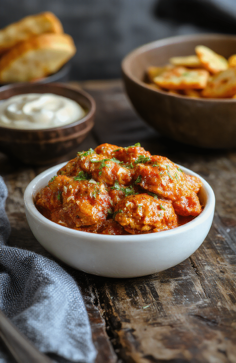 A vibrant plate of homemade butter chicken featuring tender chicken pieces coated in rich, creamy tomato sauce, garnished with fresh cilantro and served alongside fluffy basmati rice. The dish has a glossy, spicy surface with a smooth texture, perfectly styled on a rustic white plate placed on a wooden table with natural daylight highlighting the warm tones and vibrant colors.