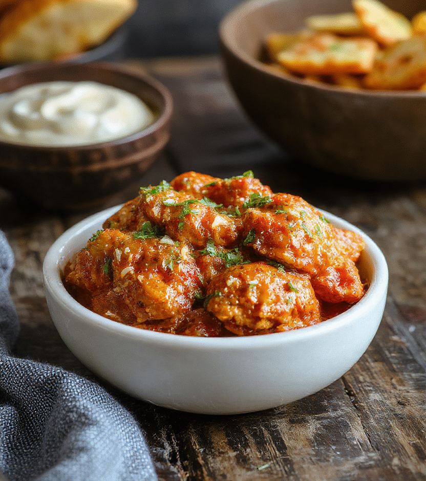 A vibrant plate of homemade butter chicken featuring tender chicken pieces coated in rich, creamy tomato sauce, garnished with fresh cilantro and served alongside fluffy basmati rice. The dish has a glossy, spicy surface with a smooth texture, perfectly styled on a rustic white plate placed on a wooden table with natural daylight highlighting the warm tones and vibrant colors.