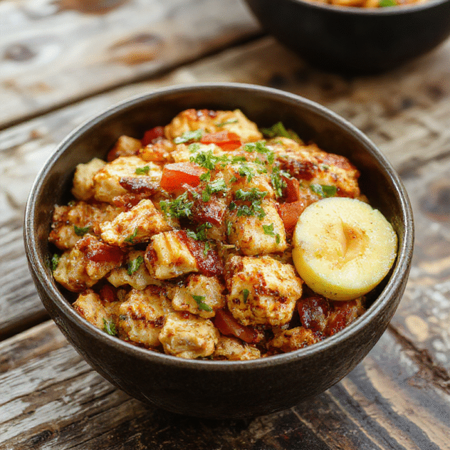 A vibrant plate featuring colorful fajita seasoned chicken strips, red and green bell peppers sliced thin, and fluffy white rice layered neatly in a deep bowl, garnished with fresh cilantro and a squeeze of lime. The dish showcases a mix of textures with well-seasoned meat and crisp vegetables, styled for a casual meal with a rustic, inviting presentation.