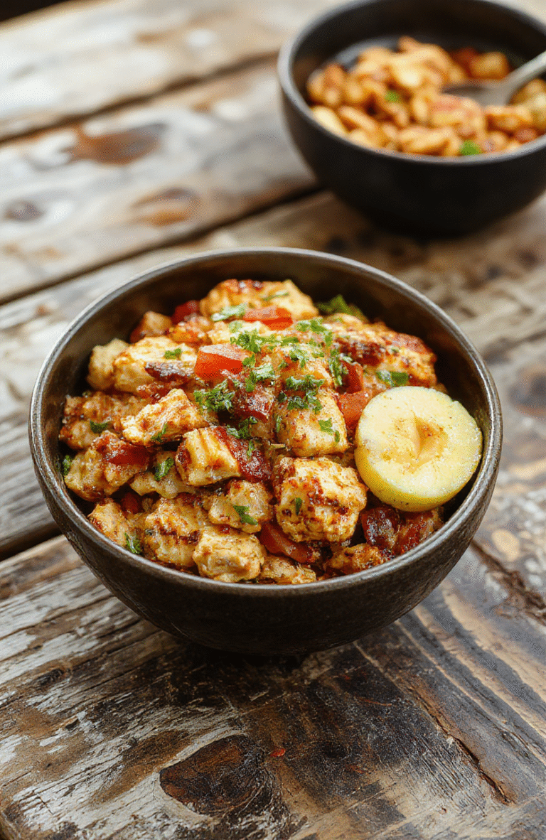 A vibrant plate featuring colorful fajita seasoned chicken strips, red and green bell peppers sliced thin, and fluffy white rice layered neatly in a deep bowl, garnished with fresh cilantro and a squeeze of lime. The dish showcases a mix of textures with well-seasoned meat and crisp vegetables, styled for a casual meal with a rustic, inviting presentation.