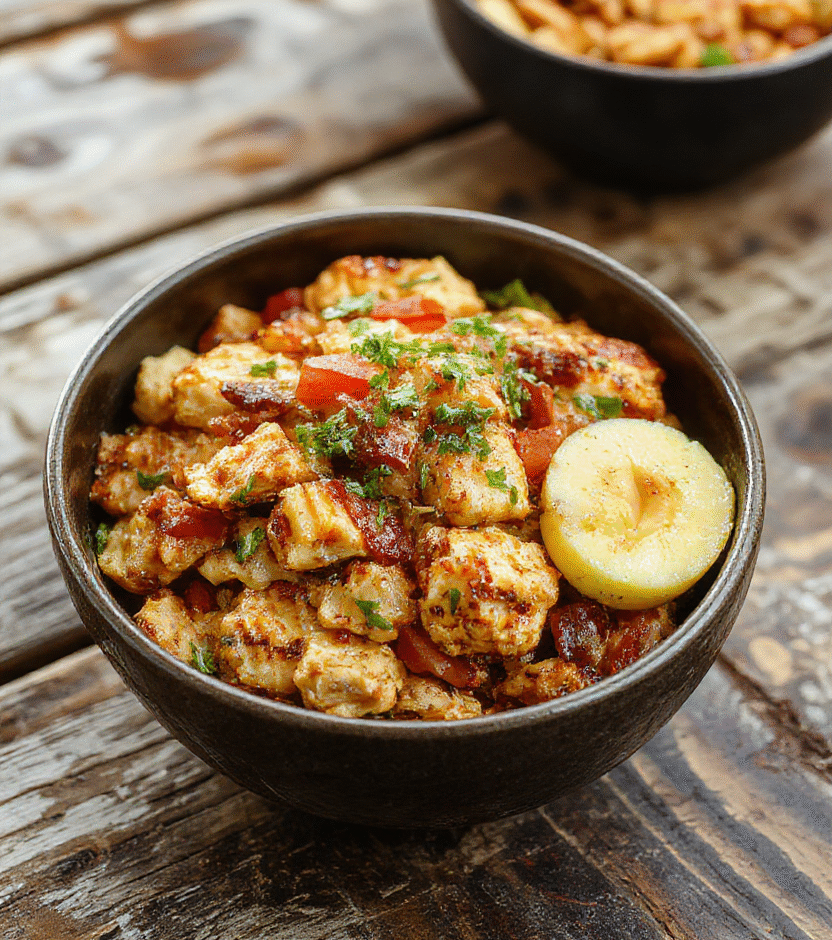 A vibrant plate featuring colorful fajita seasoned chicken strips, red and green bell peppers sliced thin, and fluffy white rice layered neatly in a deep bowl, garnished with fresh cilantro and a squeeze of lime. The dish showcases a mix of textures with well-seasoned meat and crisp vegetables, styled for a casual meal with a rustic, inviting presentation.