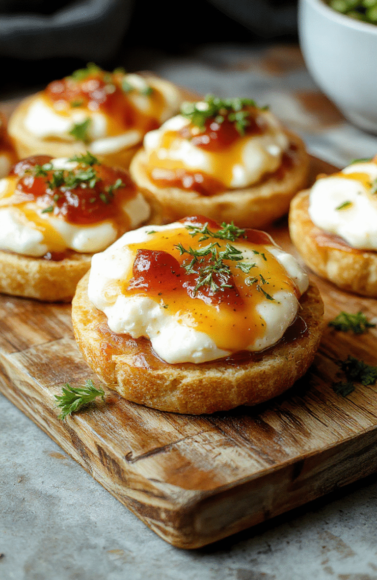 A vibrant and inviting plate featuring a creamy cream cheese spread topped with glossy red and green pepper jelly, garnished with fresh herbs. The dish is styled on a rustic wooden board with a colorful backdrop, showcasing the smooth texture of the dip contrasted with the shiny, chunky pepper jelly. The presentation exudes a casual yet appealing vibe, perfect for a party platter.