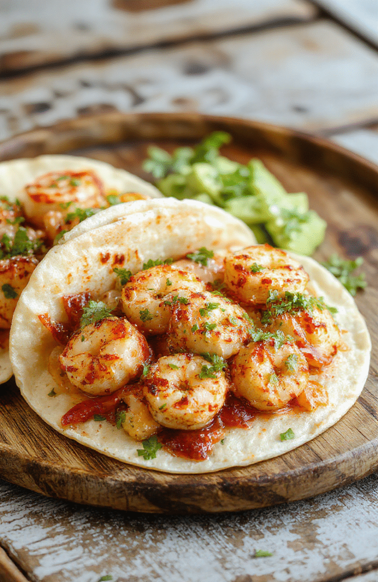 Colorful shrimp tacos plated on a white ceramic dish with fresh chopped cilantro, lime wedges, and vibrant salsa. The tacos are filled with succulent shrimp, crisp lettuce, and creamy sauce, presented neatly to highlight textures and fresh ingredients. Natural lighting enhances the bright colors and inviting appearance.