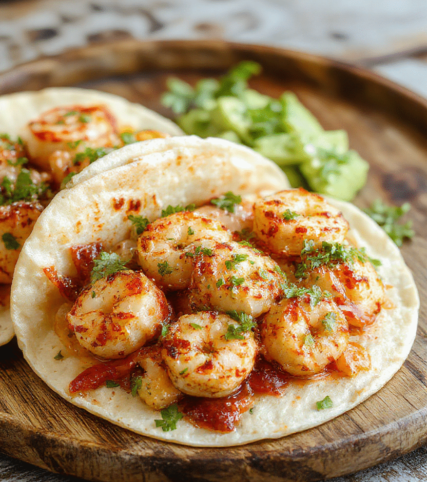 Colorful shrimp tacos plated on a white ceramic dish with fresh chopped cilantro, lime wedges, and vibrant salsa. The tacos are filled with succulent shrimp, crisp lettuce, and creamy sauce, presented neatly to highlight textures and fresh ingredients. Natural lighting enhances the bright colors and inviting appearance.