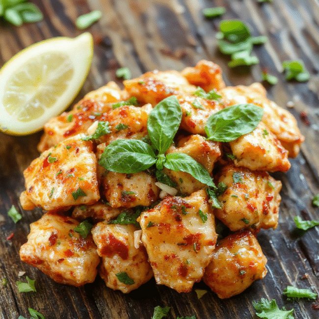 Bright and colorful Thai basil chicken served on a white plate, garnished with fresh basil leaves, red chili slices, and lime wedges. The glossy sauce coats tender chicken pieces with vibrant herbs, creating a lively and appetizing presentation. The dish is styled casually with a rustic wooden background and a sprinkle of chopped green onions for contrast.
