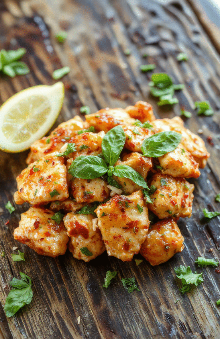 Bright and colorful Thai basil chicken served on a white plate, garnished with fresh basil leaves, red chili slices, and lime wedges. The glossy sauce coats tender chicken pieces with vibrant herbs, creating a lively and appetizing presentation. The dish is styled casually with a rustic wooden background and a sprinkle of chopped green onions for contrast.