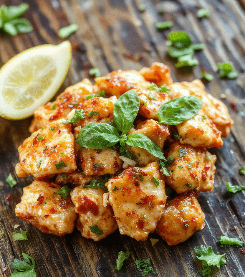 Bright and colorful Thai basil chicken served on a white plate, garnished with fresh basil leaves, red chili slices, and lime wedges. The glossy sauce coats tender chicken pieces with vibrant herbs, creating a lively and appetizing presentation. The dish is styled casually with a rustic wooden background and a sprinkle of chopped green onions for contrast.
