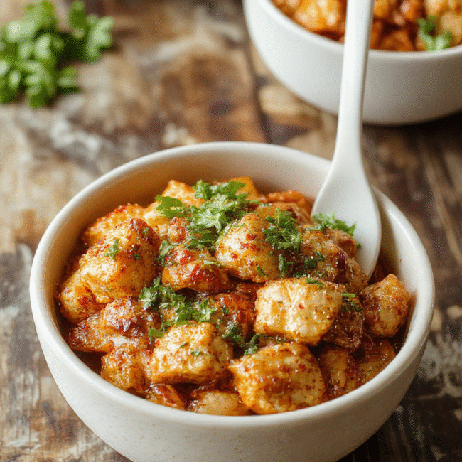A vibrant bowl filled with crispy fried chicken pieces coated in a creamy, spicy sauce, garnished with chopped green onions, served over fluffy white rice with colorful vegetables around the edges, styled simply for an inviting, casual look.