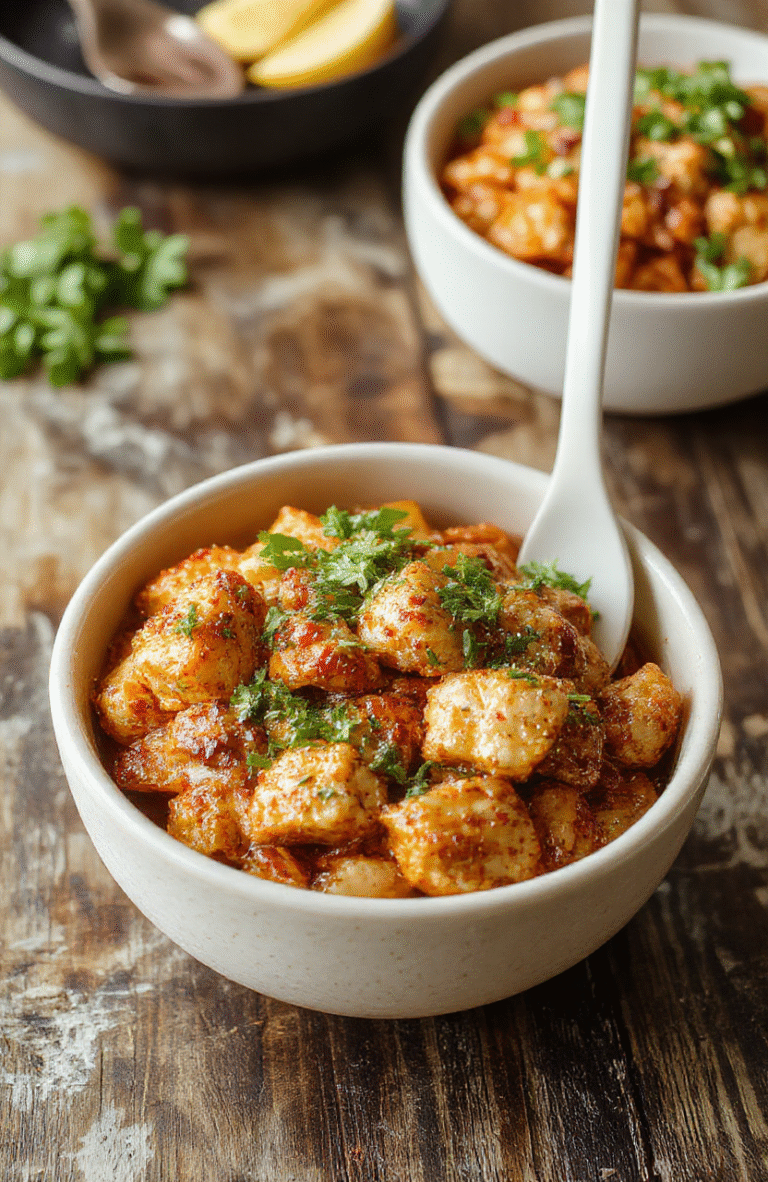 A vibrant bowl filled with crispy fried chicken pieces coated in a creamy, spicy sauce, garnished with chopped green onions, served over fluffy white rice with colorful vegetables around the edges, styled simply for an inviting, casual look.