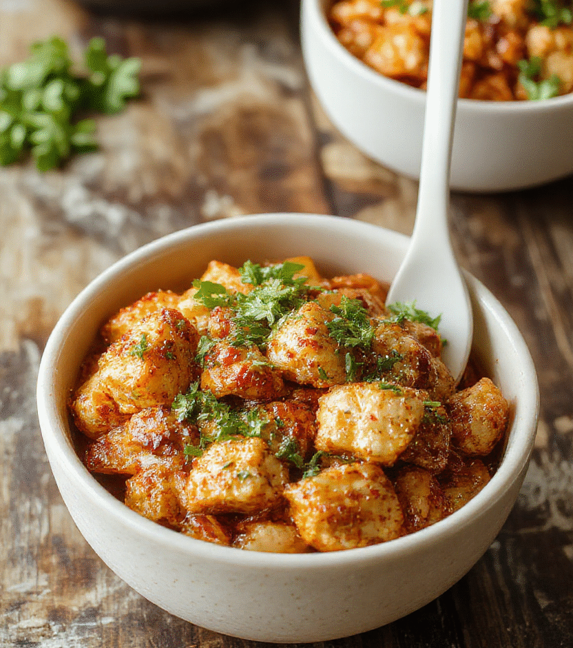 A vibrant bowl filled with crispy fried chicken pieces coated in a creamy, spicy sauce, garnished with chopped green onions, served over fluffy white rice with colorful vegetables around the edges, styled simply for an inviting, casual look.