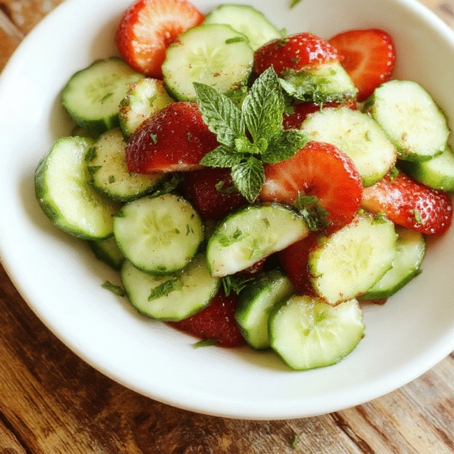 A vibrant summer salad featuring sliced cucumbers and strawberries arranged on a white plate, garnished with fresh mint leaves, with a colorful background and natural light highlighting the juicy textures and crisp freshness of the ingredients.