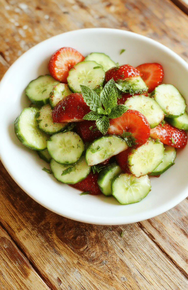 A vibrant summer salad featuring sliced cucumbers and strawberries arranged on a white plate, garnished with fresh mint leaves, with a colorful background and natural light highlighting the juicy textures and crisp freshness of the ingredients.