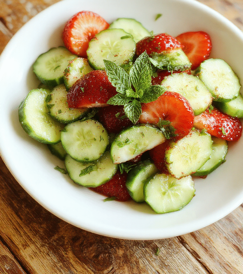 A vibrant summer salad featuring sliced cucumbers and strawberries arranged on a white plate, garnished with fresh mint leaves, with a colorful background and natural light highlighting the juicy textures and crisp freshness of the ingredients.