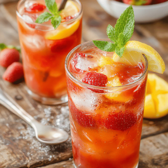 A vibrant glass of frozen mango strawberry lemonade garnished with fresh strawberry slices and lemon wedges, with a colorful background of blended mango and strawberries, showcasing a refreshing icy texture and a bright, appealing presentation, styled with a tropical vibe and summer colors.