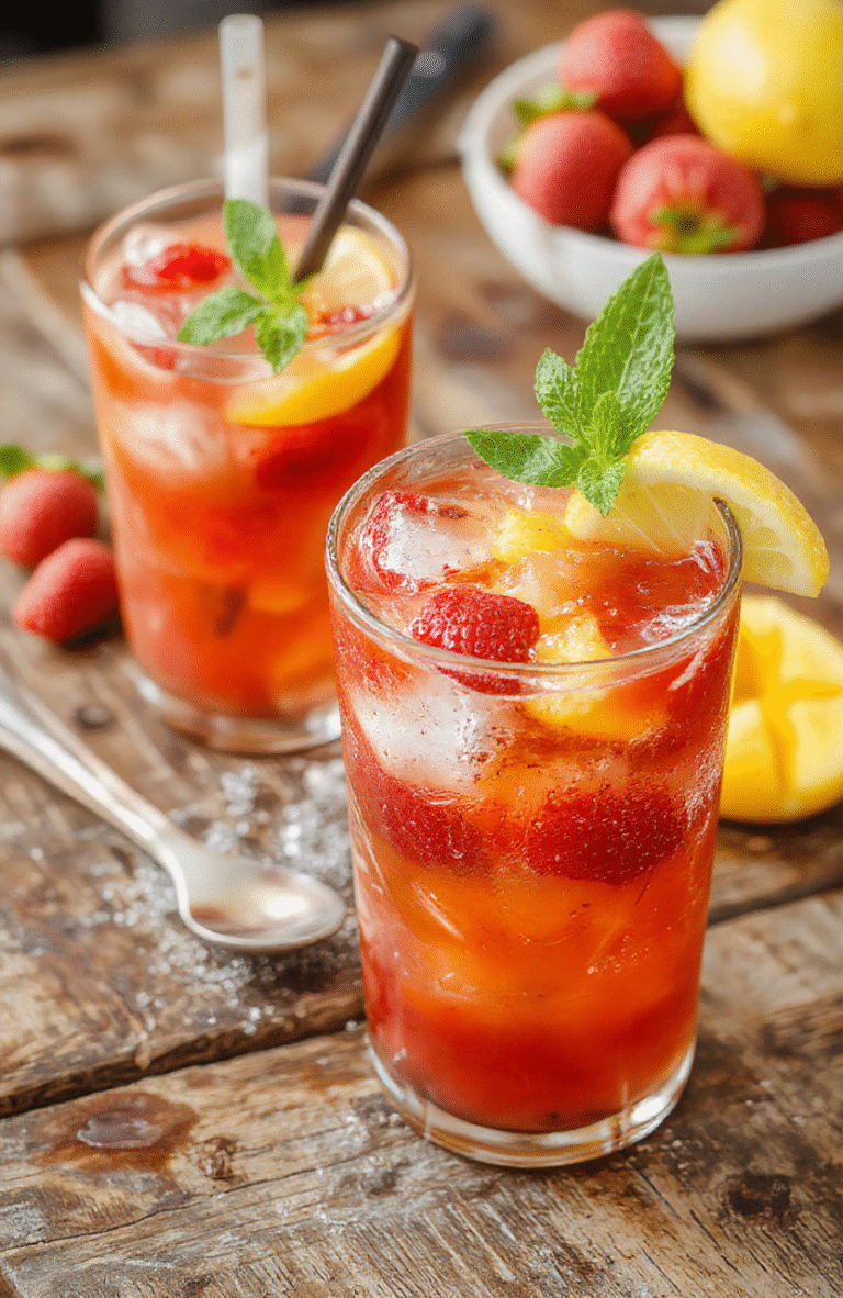 A vibrant glass of frozen mango strawberry lemonade garnished with fresh strawberry slices and lemon wedges, with a colorful background of blended mango and strawberries, showcasing a refreshing icy texture and a bright, appealing presentation, styled with a tropical vibe and summer colors.