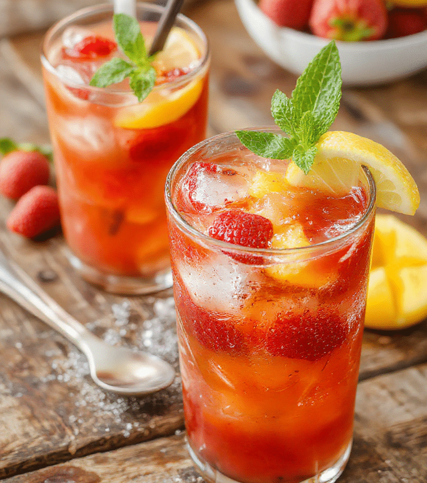 A vibrant glass of frozen mango strawberry lemonade garnished with fresh strawberry slices and lemon wedges, with a colorful background of blended mango and strawberries, showcasing a refreshing icy texture and a bright, appealing presentation, styled with a tropical vibe and summer colors.