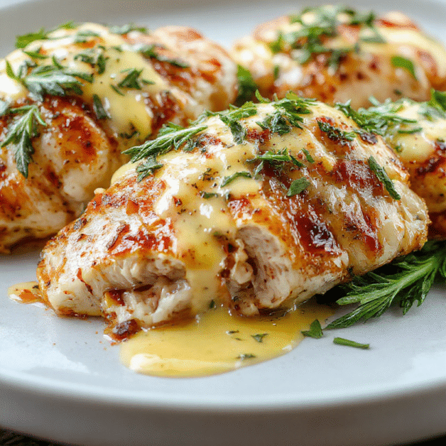 A close-up of a hearty rosemary chicken Dijon dish plated beautifully on a white ceramic plate. The chicken is golden brown with visible fresh rosemary sprigs and a glossy Dijon mustard sauce. The dish is garnished with additional rosemary leaves, with a rustic wooden table and soft natural daylight highlighting the textures and vibrant colors of the ingredients.