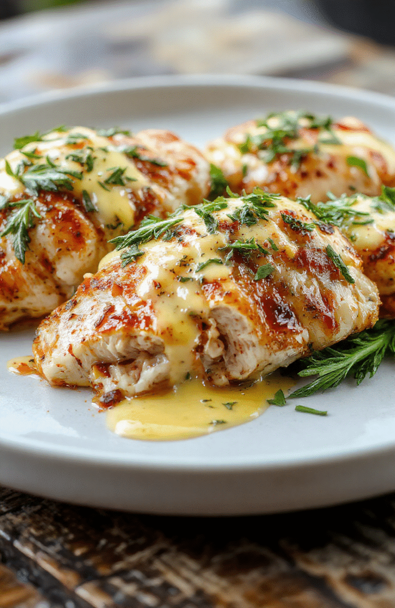 A close-up of a hearty rosemary chicken Dijon dish plated beautifully on a white ceramic plate. The chicken is golden brown with visible fresh rosemary sprigs and a glossy Dijon mustard sauce. The dish is garnished with additional rosemary leaves, with a rustic wooden table and soft natural daylight highlighting the textures and vibrant colors of the ingredients.