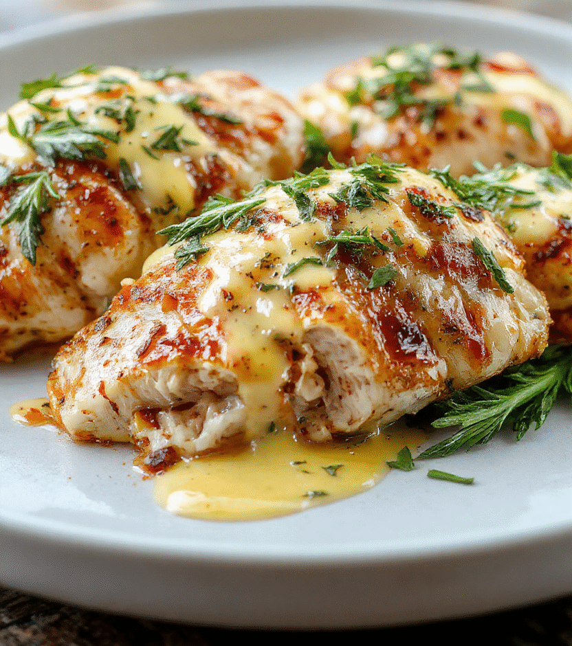 A close-up of a hearty rosemary chicken Dijon dish plated beautifully on a white ceramic plate. The chicken is golden brown with visible fresh rosemary sprigs and a glossy Dijon mustard sauce. The dish is garnished with additional rosemary leaves, with a rustic wooden table and soft natural daylight highlighting the textures and vibrant colors of the ingredients.