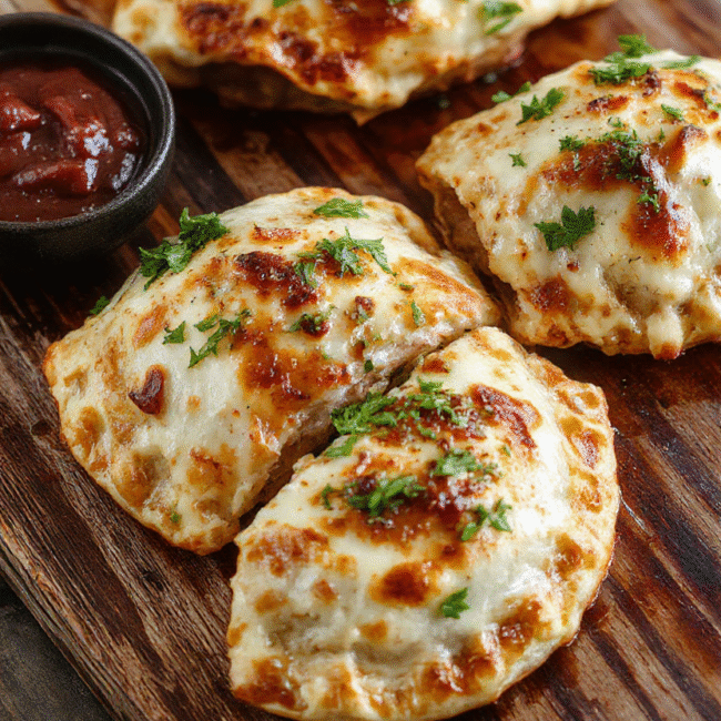 Golden brown air fryer calzones on a rustic wooden board, flaky crust with melted cheese oozing out, garnished with fresh basil leaves, styled with a scattering of herbs and a dipping sauce on the side, vibrant and appetizing with a crispy texture.