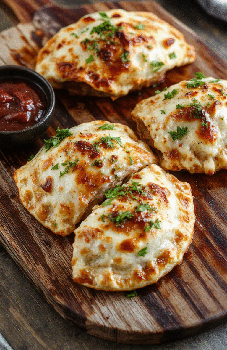 Golden brown air fryer calzones on a rustic wooden board, flaky crust with melted cheese oozing out, garnished with fresh basil leaves, styled with a scattering of herbs and a dipping sauce on the side, vibrant and appetizing with a crispy texture.