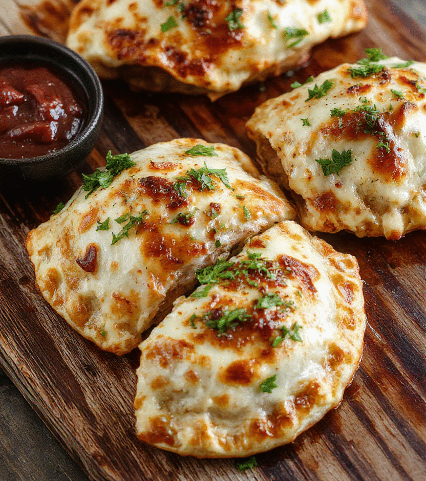Golden brown air fryer calzones on a rustic wooden board, flaky crust with melted cheese oozing out, garnished with fresh basil leaves, styled with a scattering of herbs and a dipping sauce on the side, vibrant and appetizing with a crispy texture.