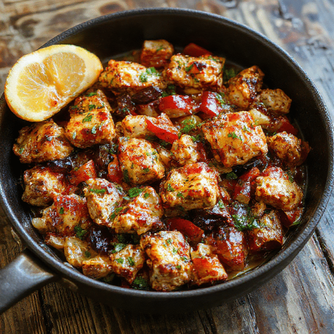 A vibrant plate of chicken fajitas featuring colorful sliced bell peppers and onions with grilled chicken strips, all neatly arranged on a rustic wooden surface, accented with fresh cilantro and lime wedges, showcasing a textured and appetizing presentation.