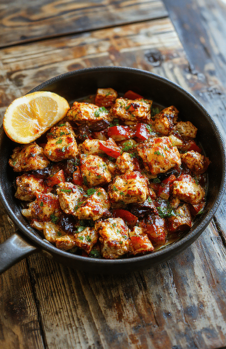 A vibrant plate of chicken fajitas featuring colorful sliced bell peppers and onions with grilled chicken strips, all neatly arranged on a rustic wooden surface, accented with fresh cilantro and lime wedges, showcasing a textured and appetizing presentation.